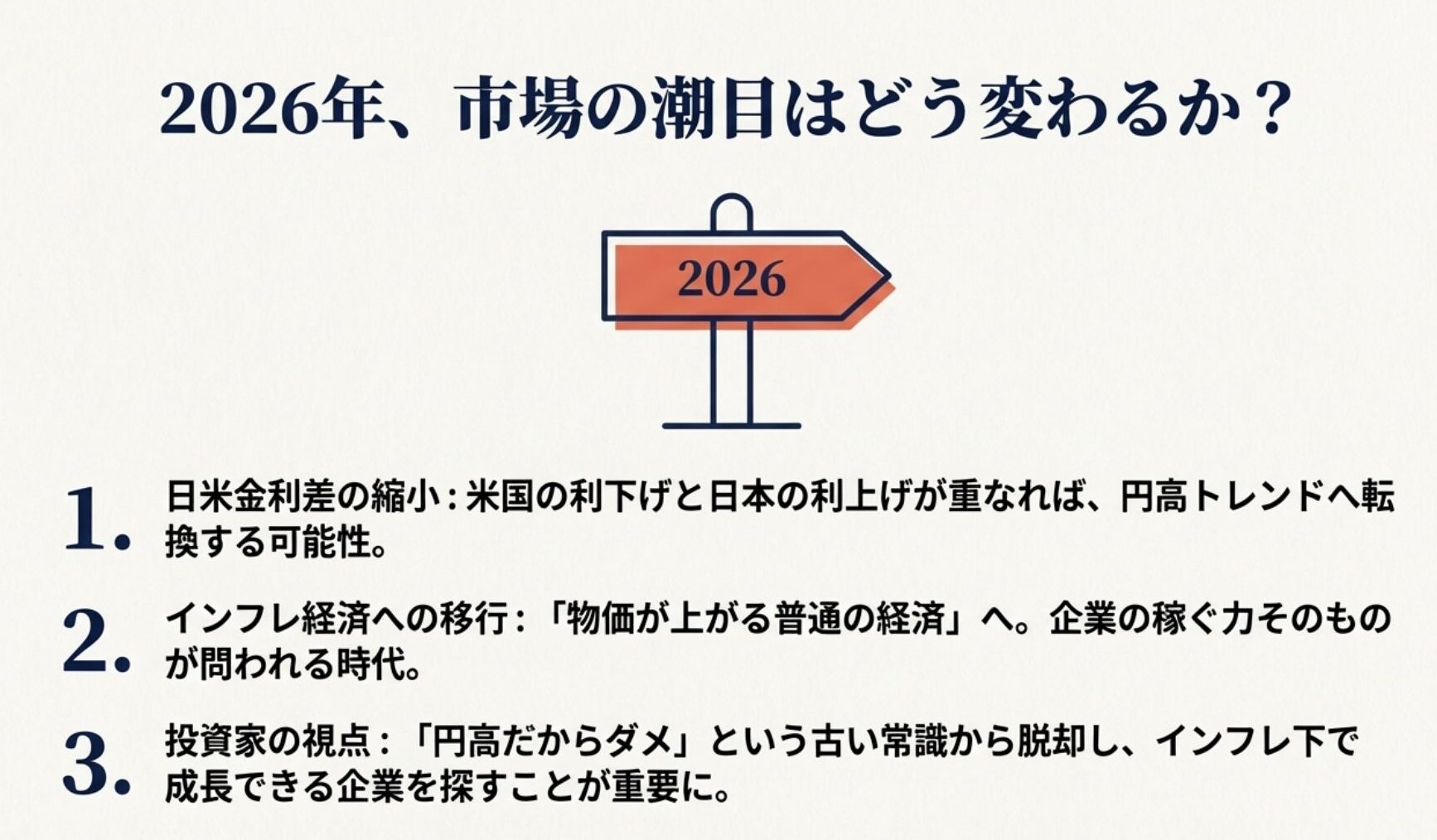 「2026」の道路標識。米国の利下げ、日本の利上げが重なることで円高トレンドへ転換する可能性と、インフレ経済への移行についての予測。