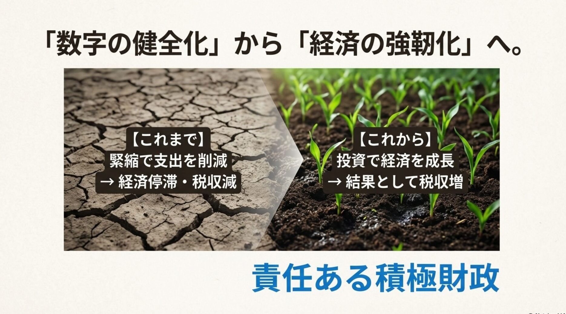 緊縮による経済停滞と投資による成長・税収増の対比表