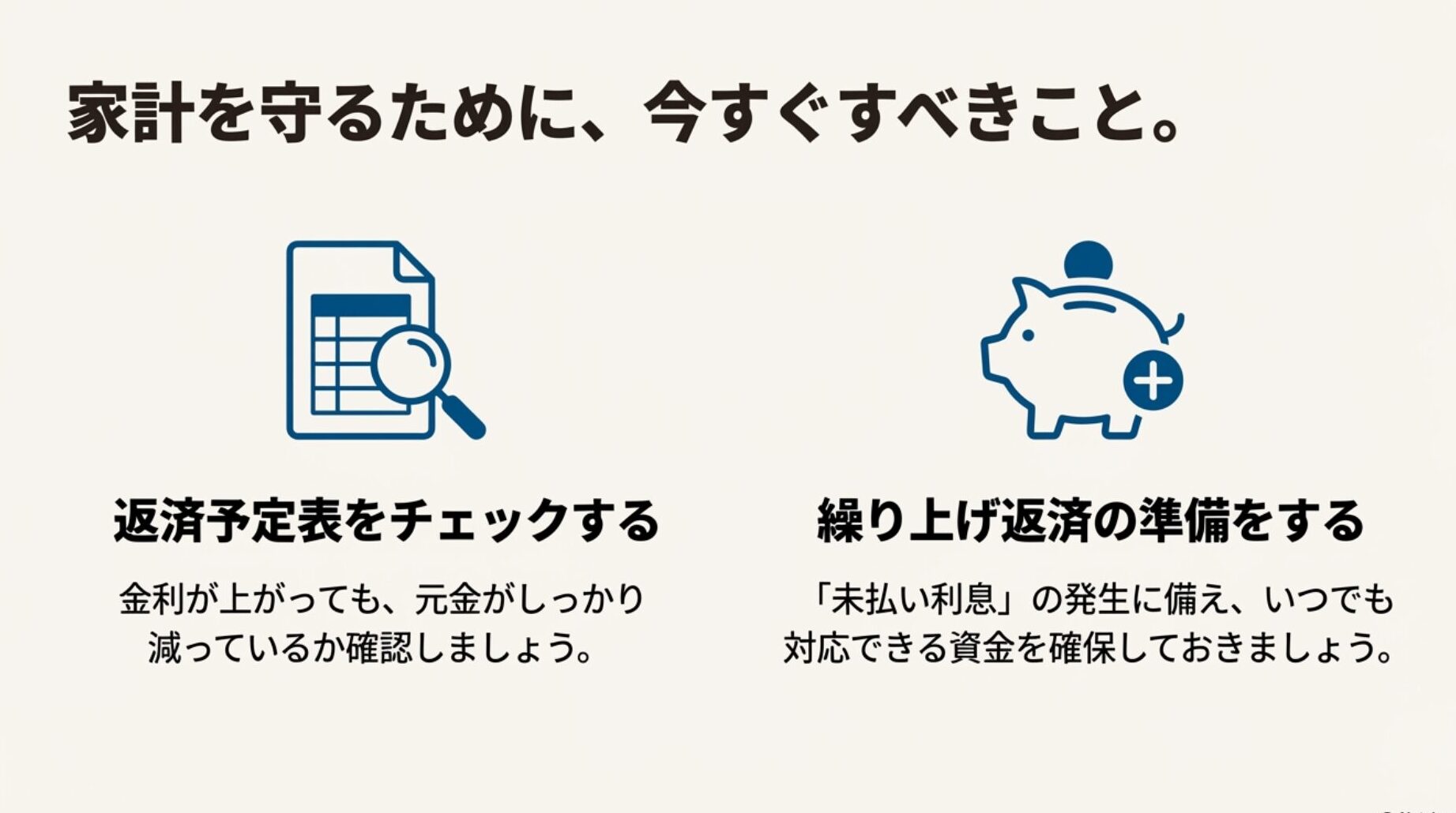 返済予定表のチェックと繰り上げ返済の準備を促すアイコン付きの図解。