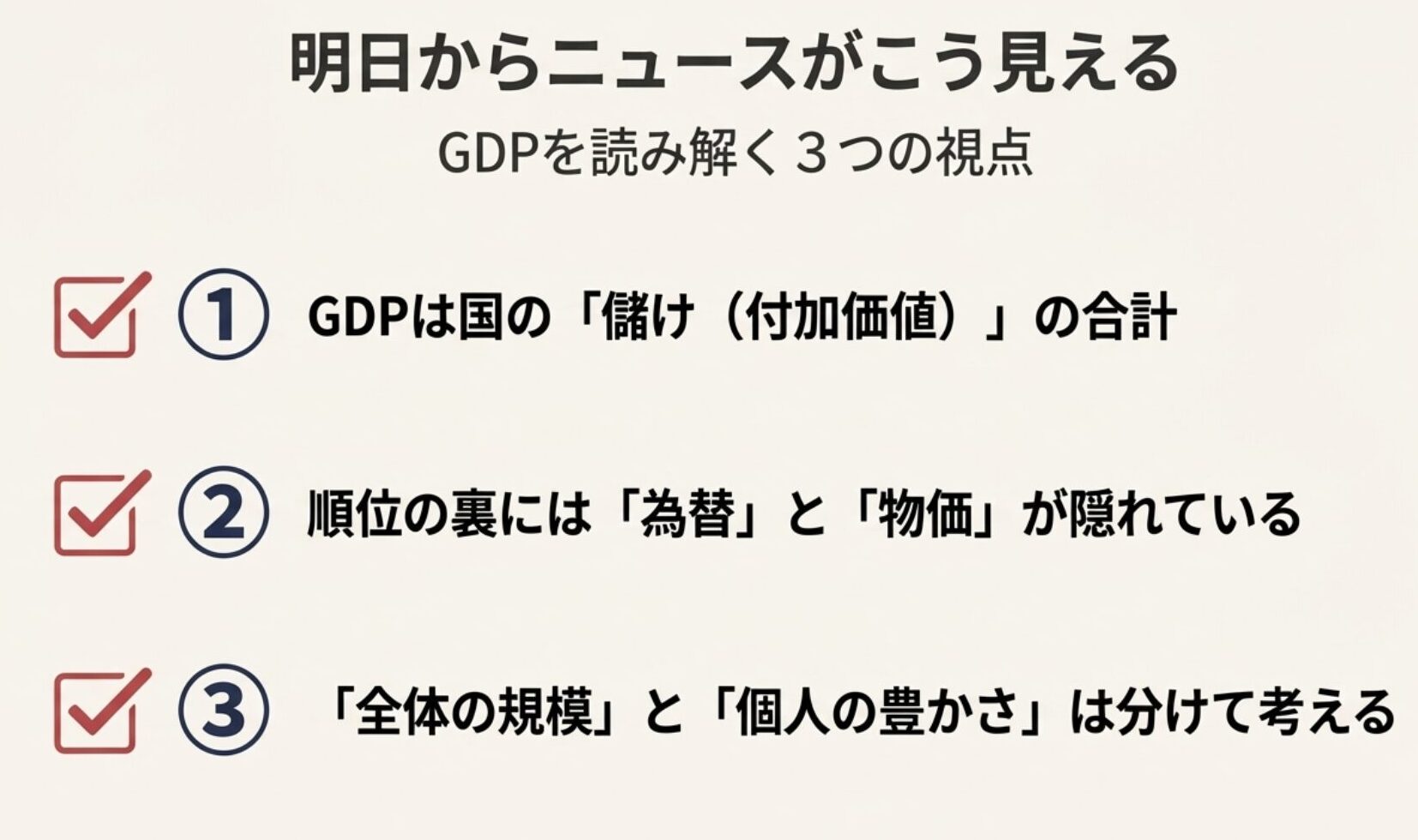 GDPは国の儲けの合計であること、為替と物価の影響、全体の規模と個人の豊かさを分けることの3つの重要視点をまとめたスライド。