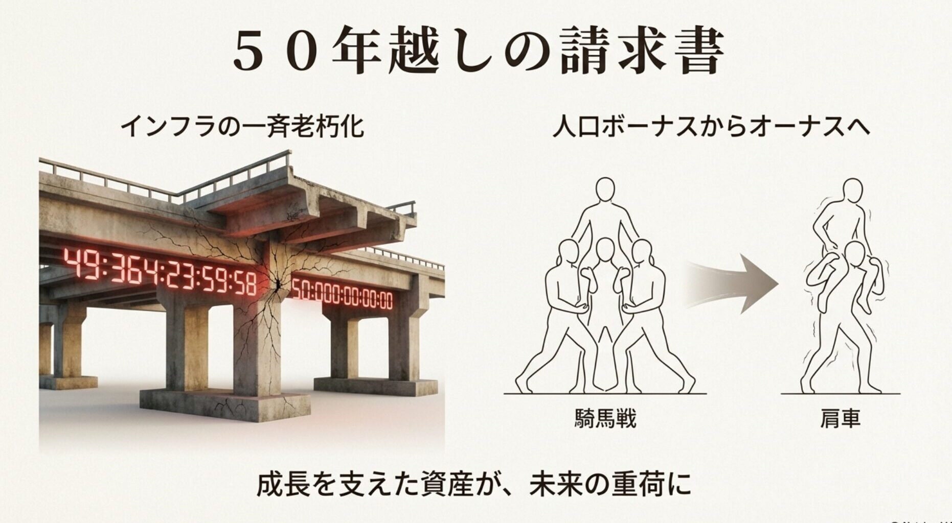 寿命が近づく橋梁と人口オーナスのイメージ画像