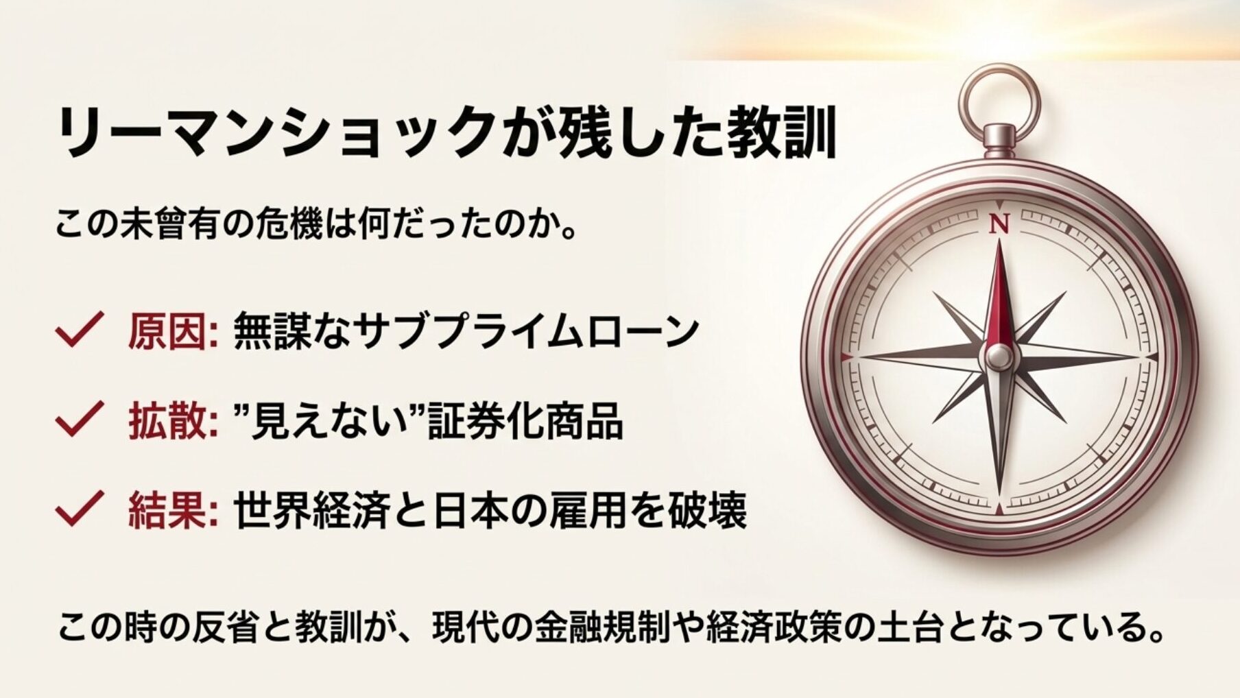 サブプライムローンという原因、「見えない」証券化という拡散、そしえ世界経済と日本の雇用破壊という結果。これらの教訓が現代の金融規制や経済政策の土台となっていることのまとめ。