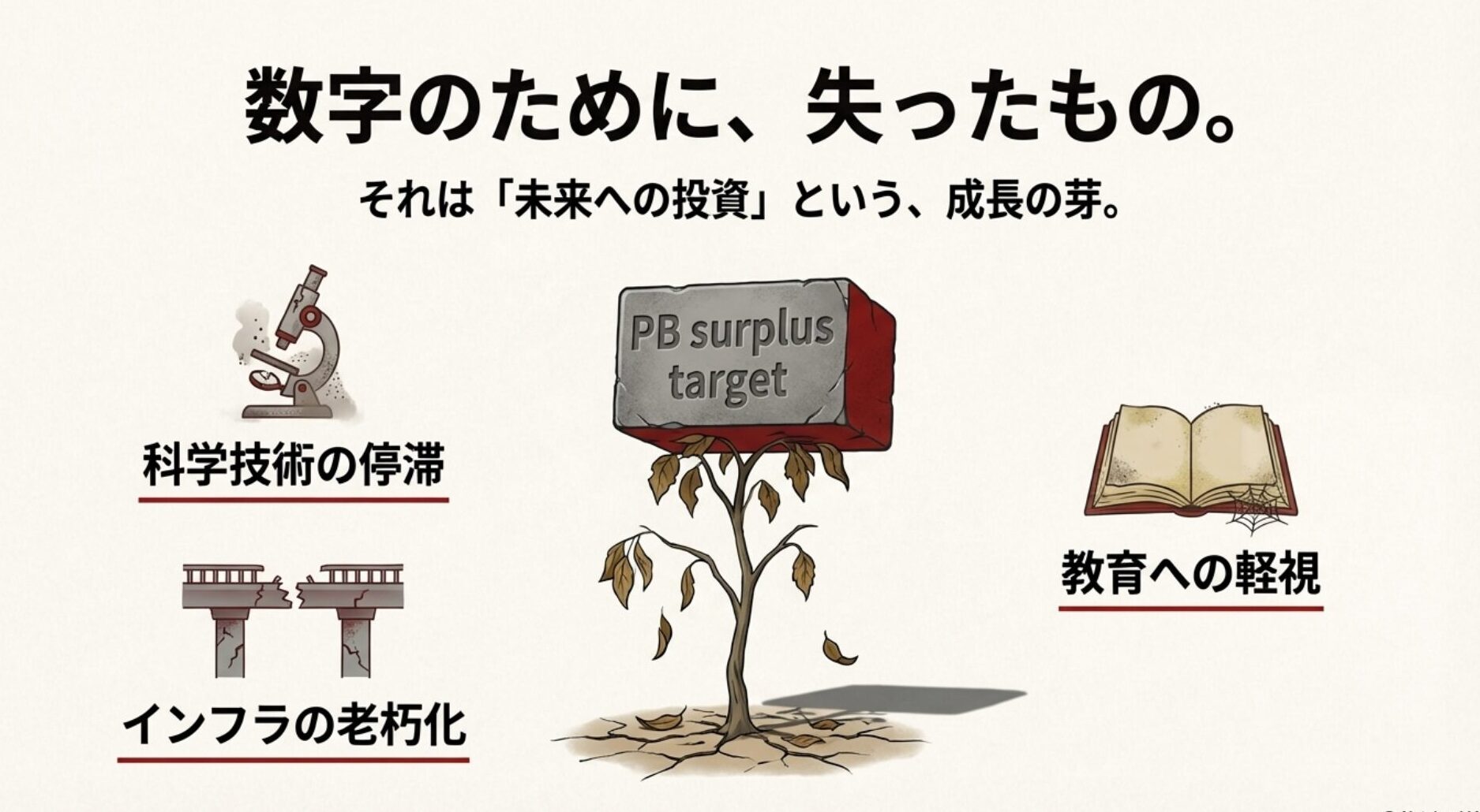 黒字化目標という重石により科学技術やインフラが停滞するイメージ