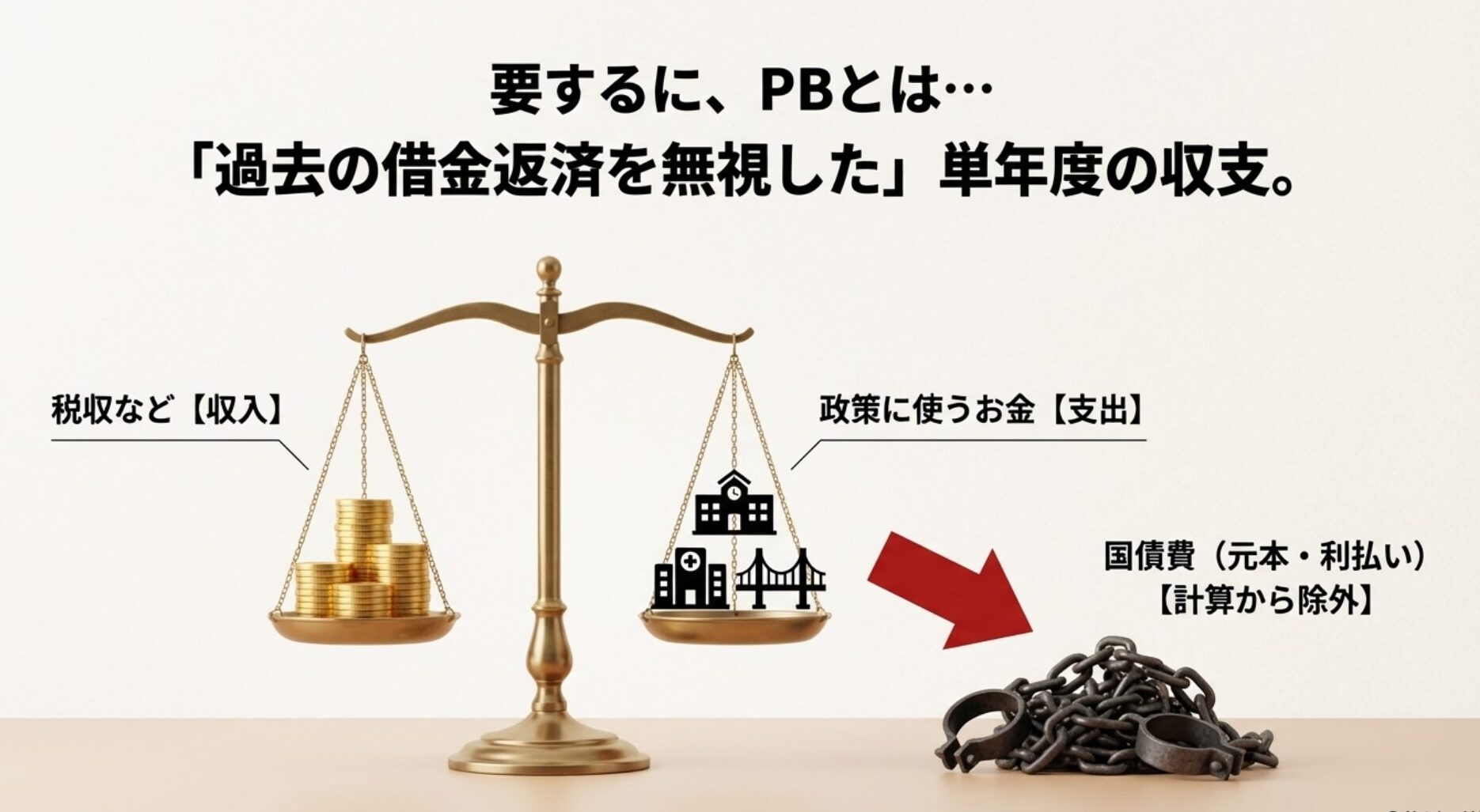 歳入から政策経費を引くプライマリーバランスの仕組み解説図