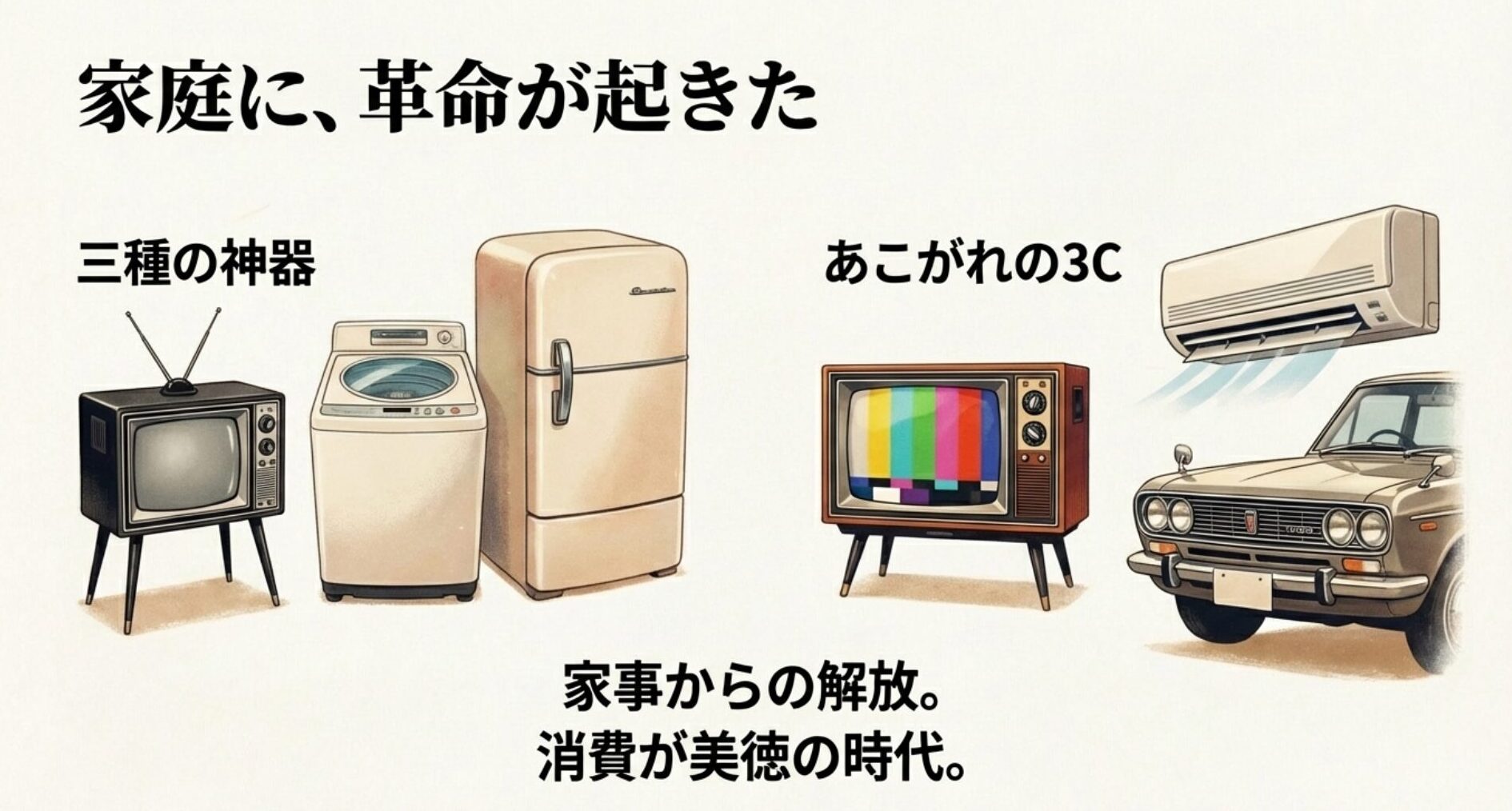 生活を激変させた家電・レジャーイラスト