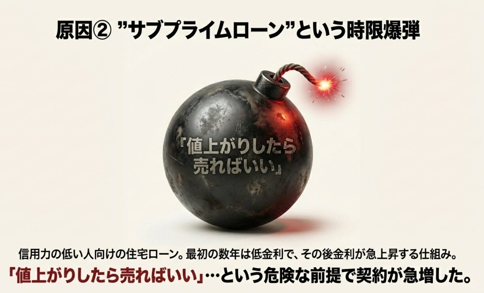 信用力の低い人向けの住宅ローンであるサブプライムローンの図解。当初の低金利が数年後に急上昇する仕組みと、「値上がりしたら売ればいい」という危険な前提を説明。