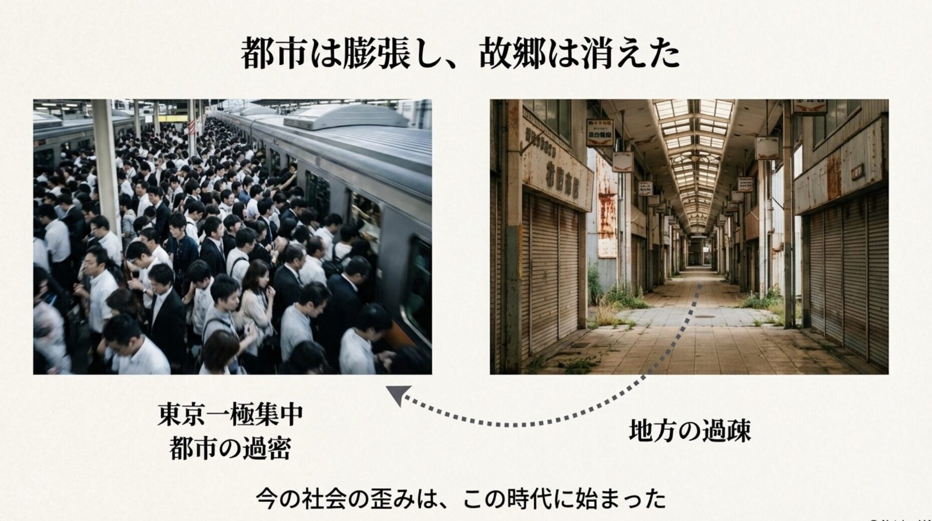 過密する都市部とシャッター通り化した地方の対比画像