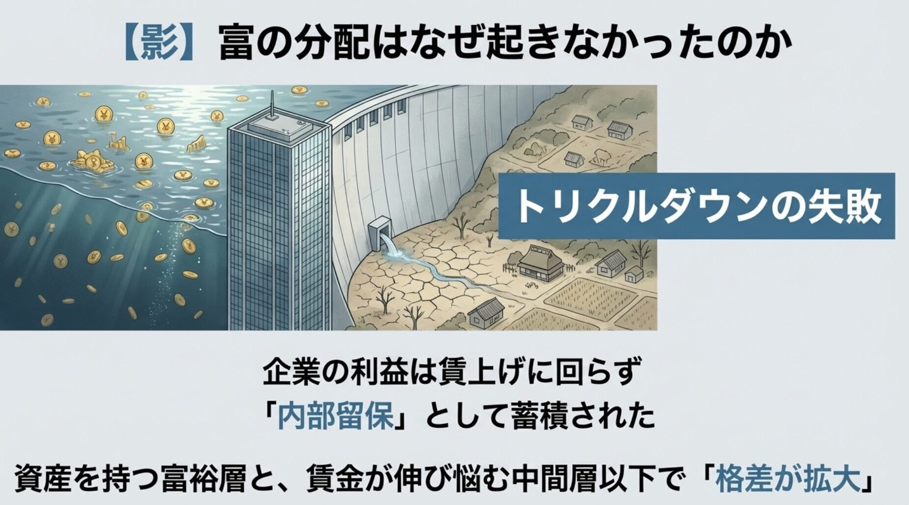 大企業の利益が賃上げに回らず内部留保として蓄積され、格差が拡大した図解。