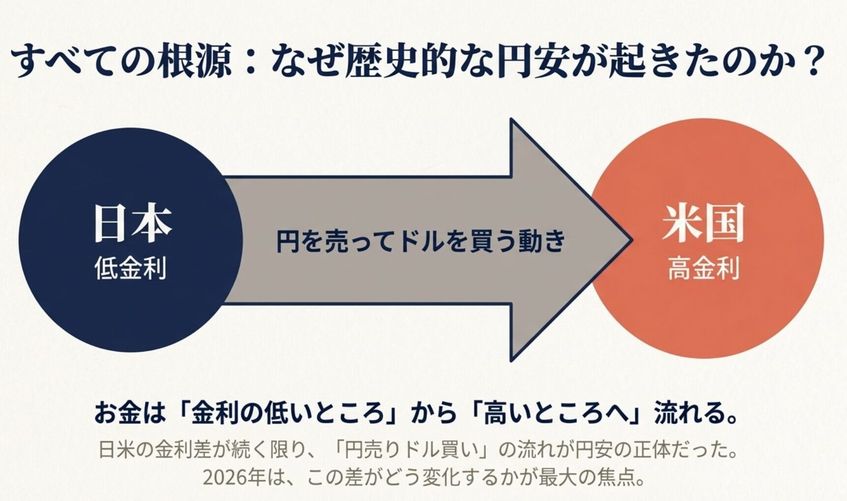 低金利の日本から高金利の米国へ資金が流れ、円売りドル買いが加速するメカニズムを解説した図。日米の金利差が円安の正体であることを示す。