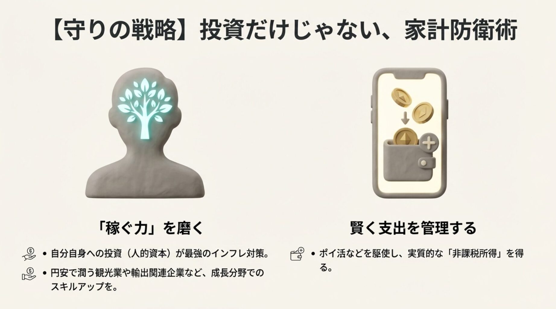 人的資本への投資やポイ活による守りの家計戦略イメージ。