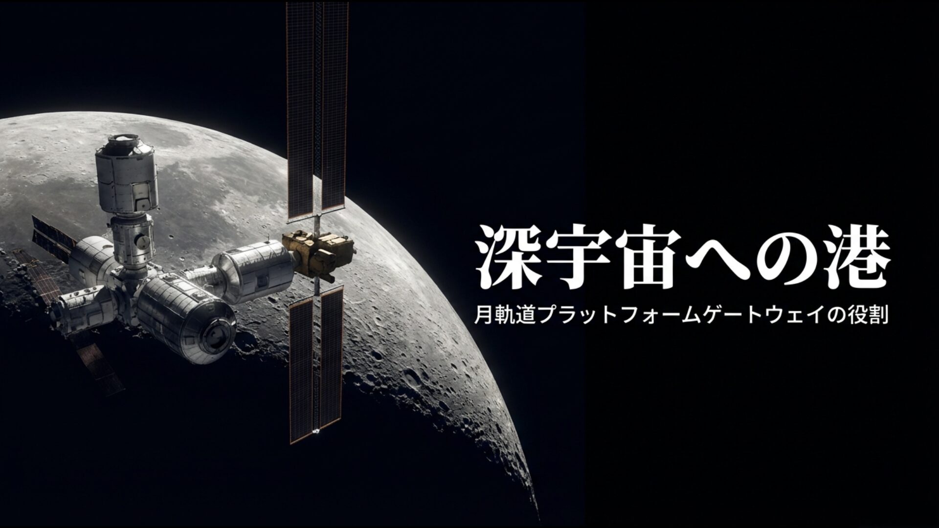 深宇宙への港として機能する月軌道ステーション・ゲートウェイの外観