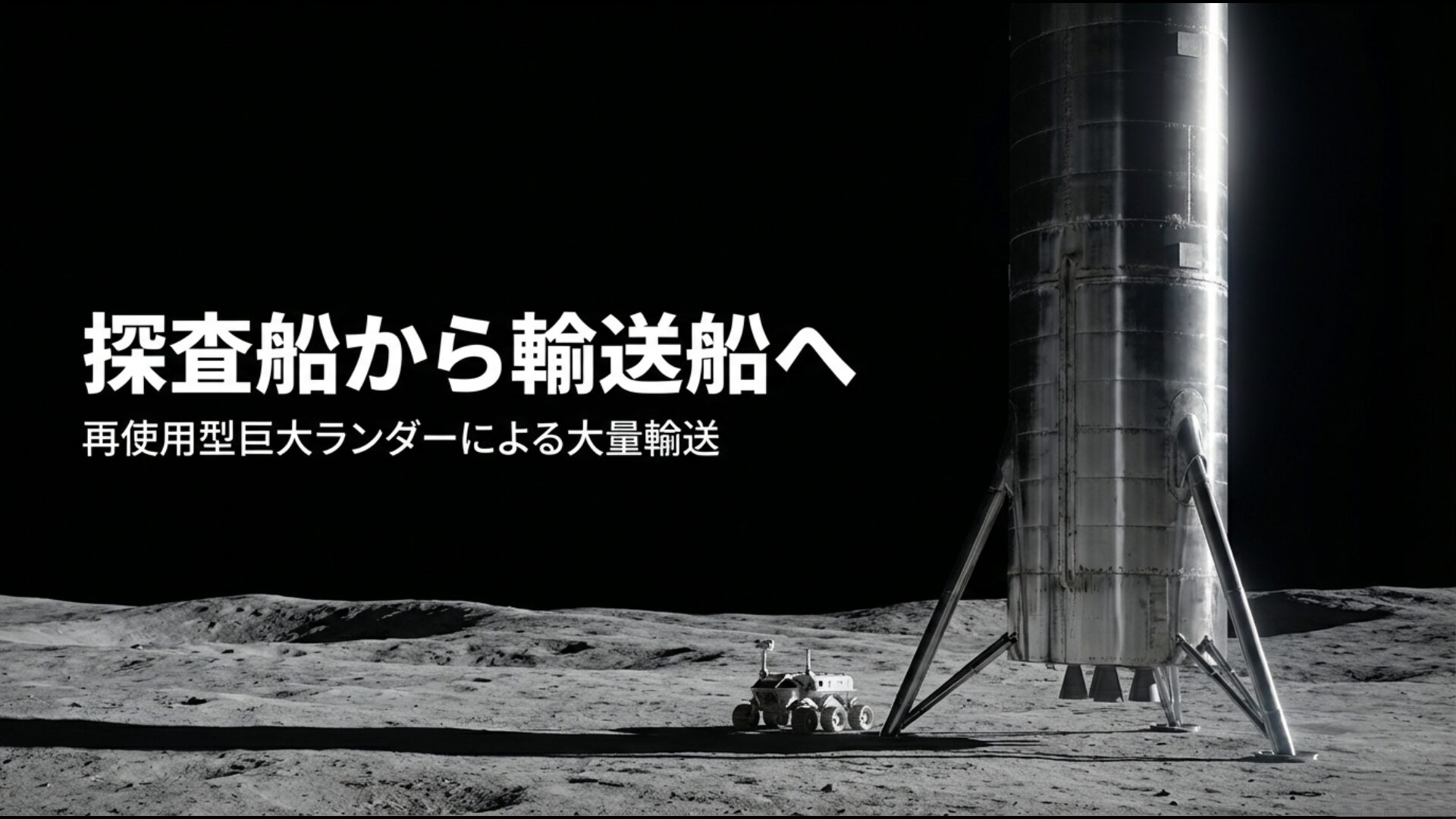 スターシップHLSによる再使用型巨大着陸船と月面輸送のイメージ