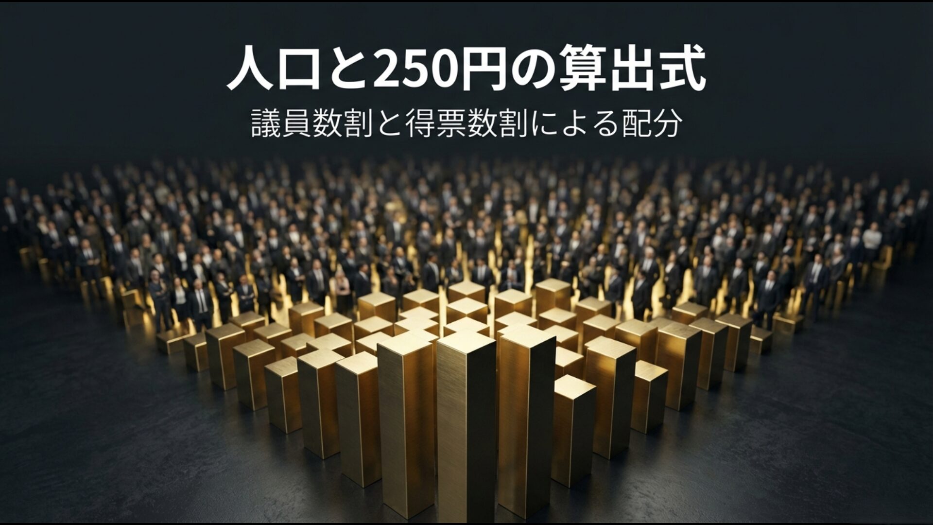 国民一人当たり250円の算出式と議員数・得票数による配分基準の解説図