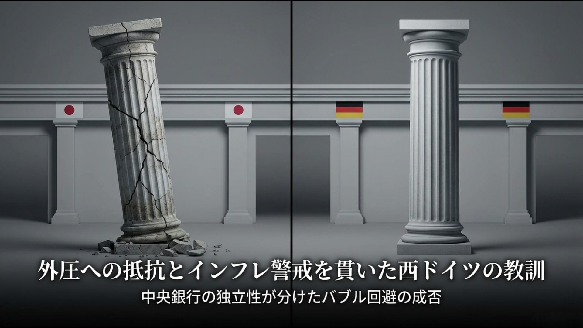 外圧に抵抗しインフレ警戒を貫いた西ドイツと日本の中央銀行の独立性の違いを比較した図