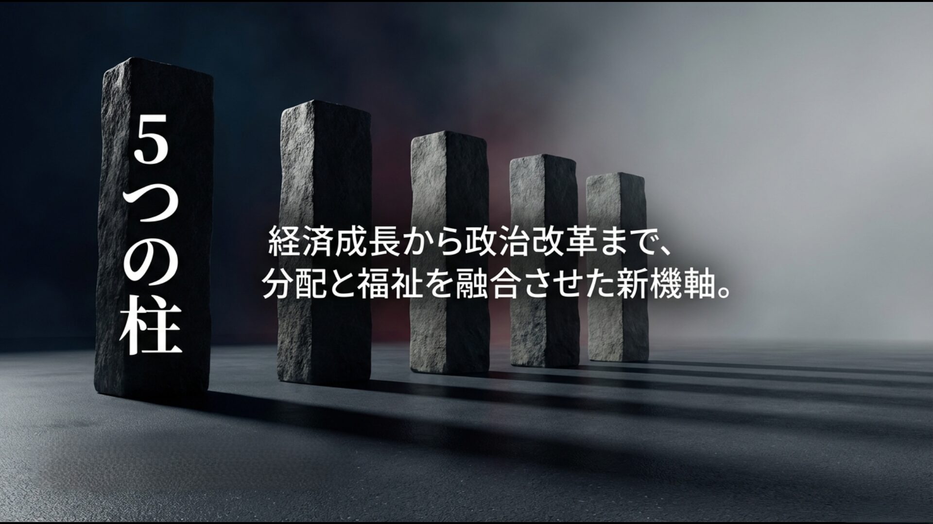 経済成長から政治改革まで、分配と福祉の融合を目指す中道改革連合の基本政策「5つの柱」の解説図。