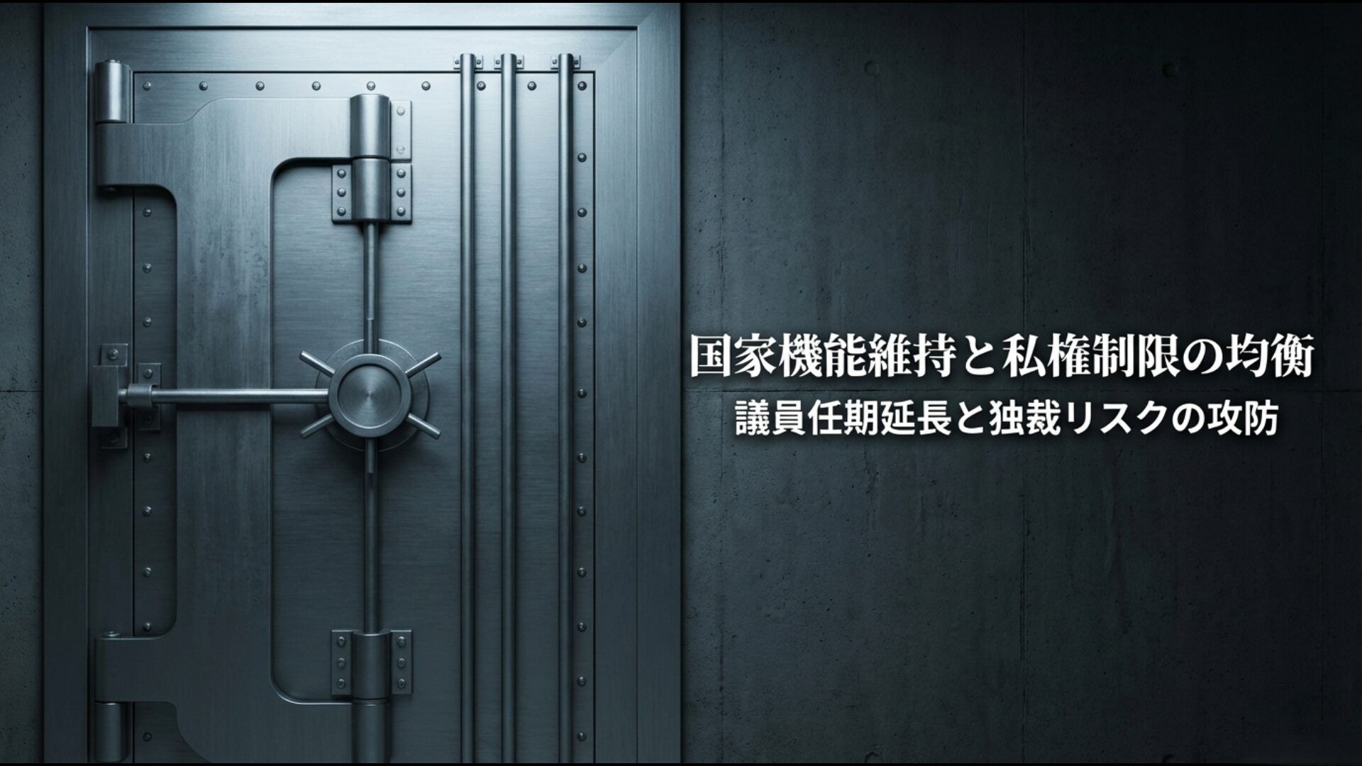 憲法改正の論点である緊急事態条項の内容と議員任期延長、私権制限への懸念を象徴するイメージ画像