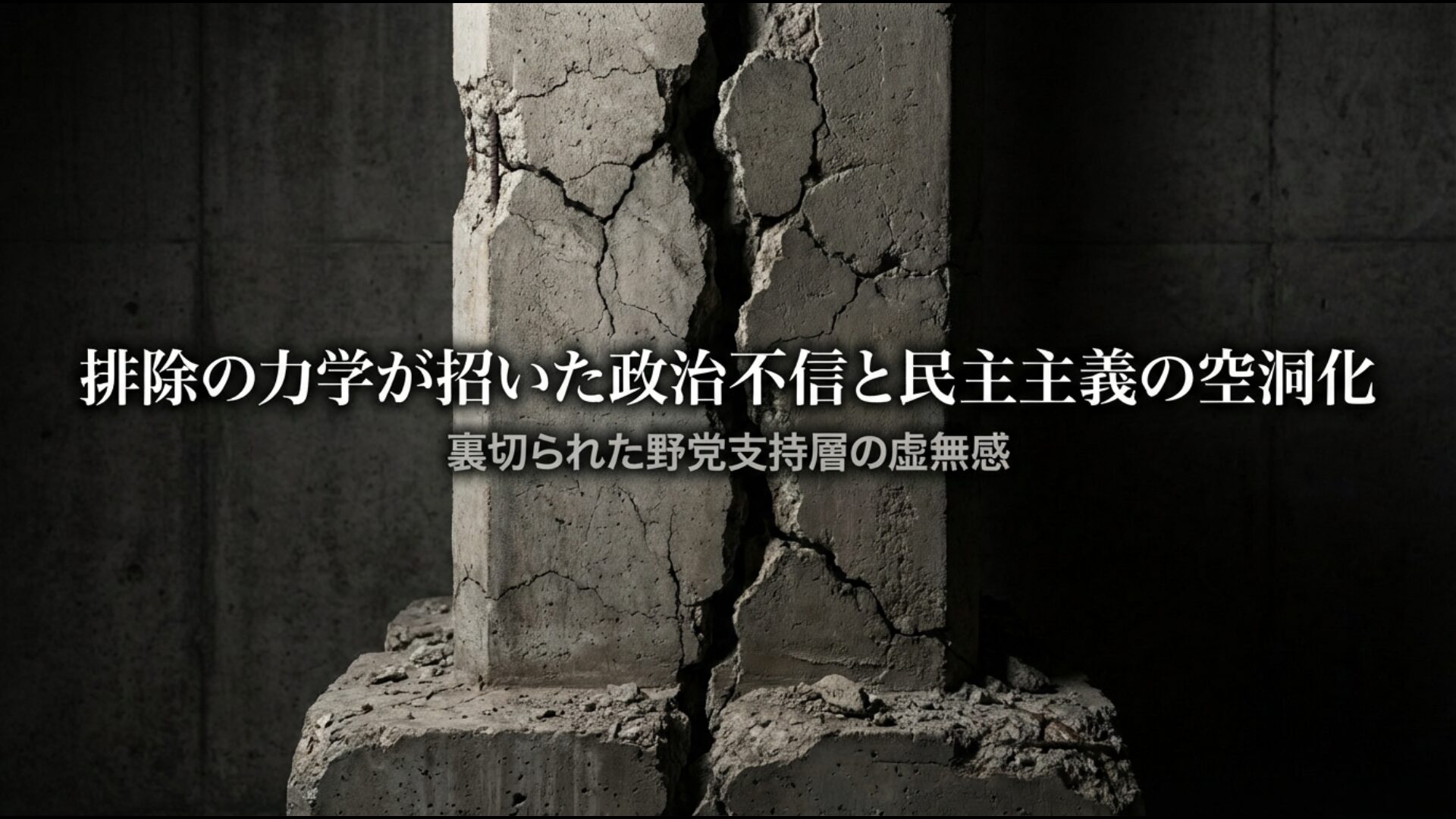 希望の党の排除が招いた野党支持層の虚無感と、それによる民主主義の空洞化を示すイメージ。