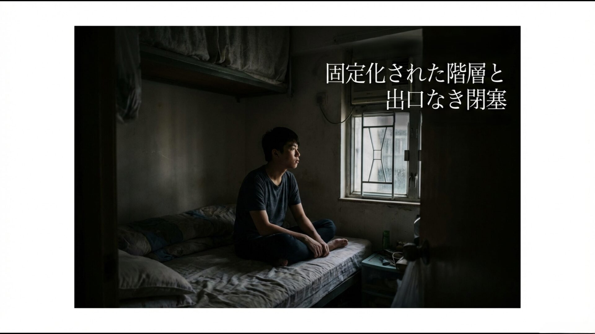 狭い部屋で座り込む若者と経済的繁栄の影にある格差のイメージ