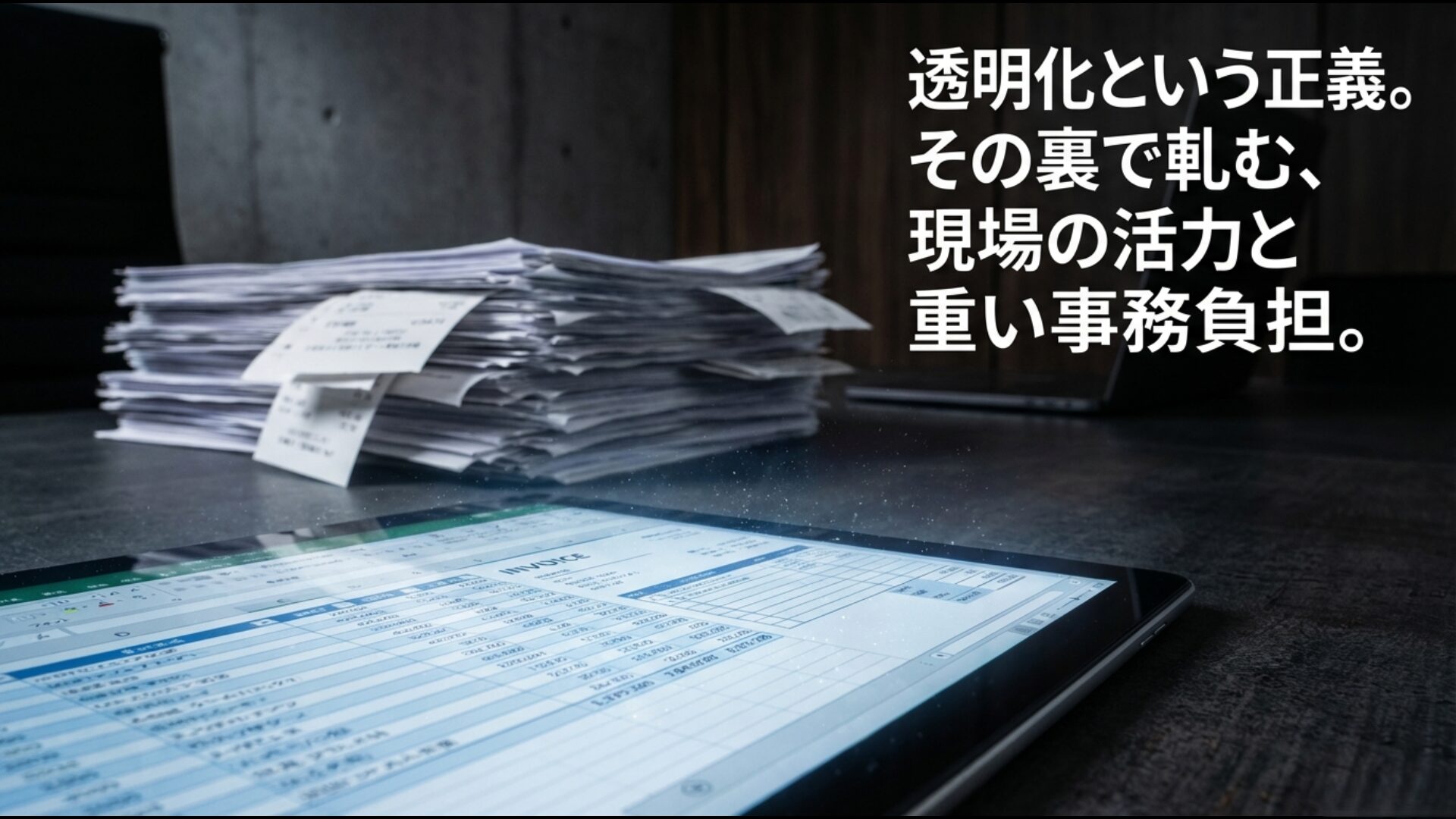 インボイス制度による取引の透明化と、現場の小規模事業者が抱える重い事務負担の対立を表現した図。
