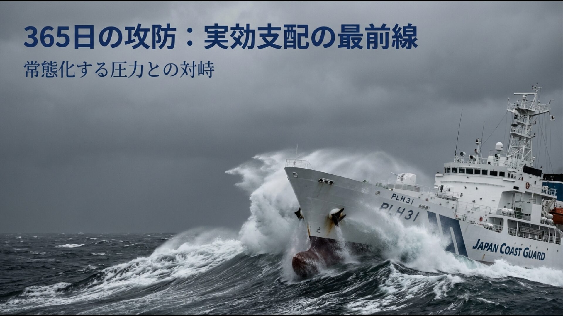 尖閣周辺海域で24時間365日の監視を続ける海上保安庁の巡視船と実効支配の維持を示す図