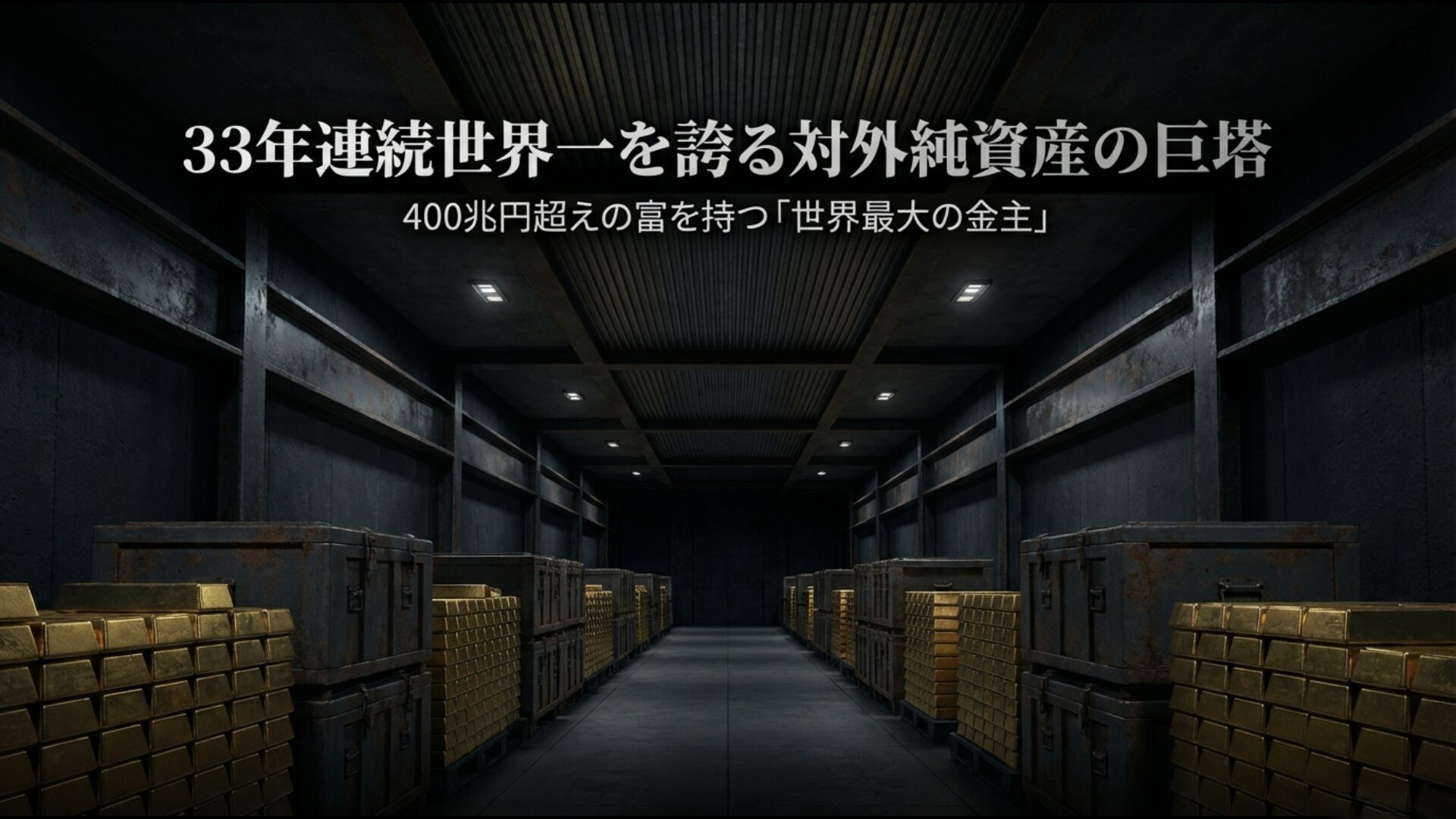 日本が33年連続で世界最大の対外純資産国であることを象徴する巨塔のイメージ