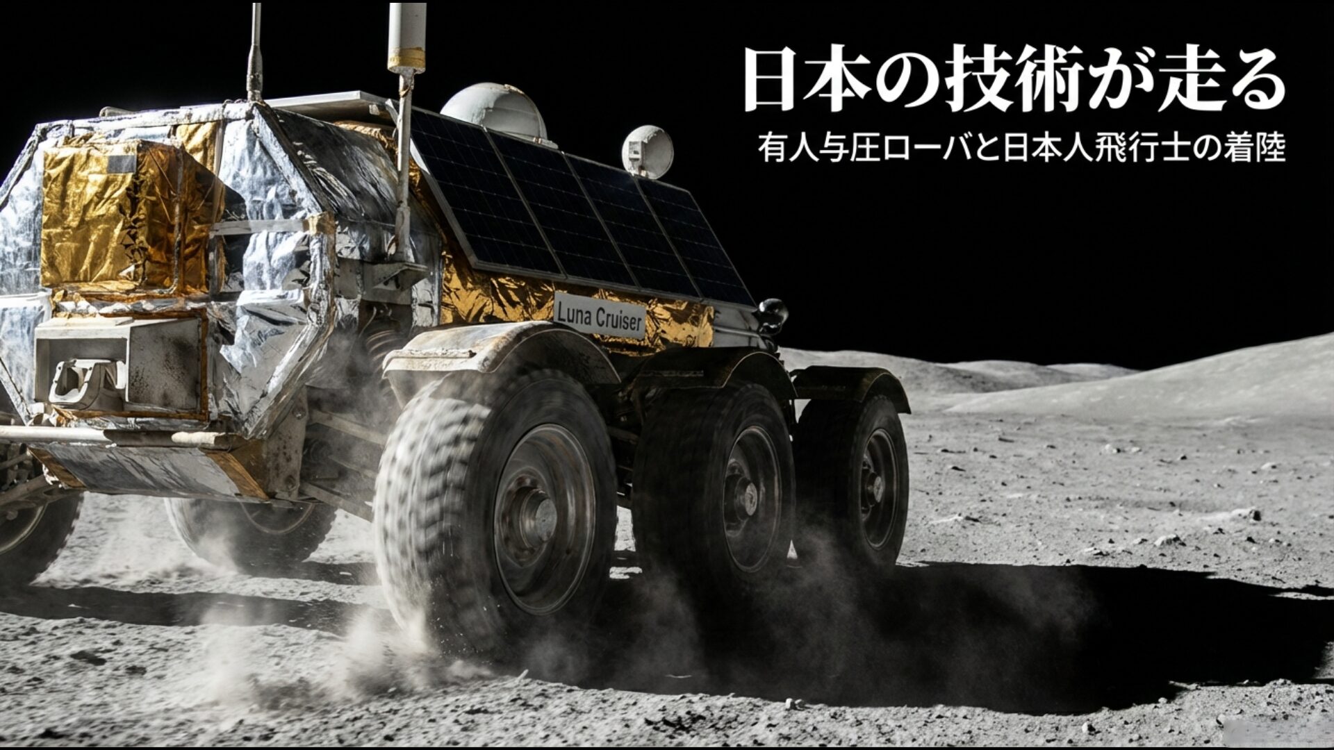 日本の技術であるルナクルーザーと日本人宇宙飛行士の月面着陸イメージ