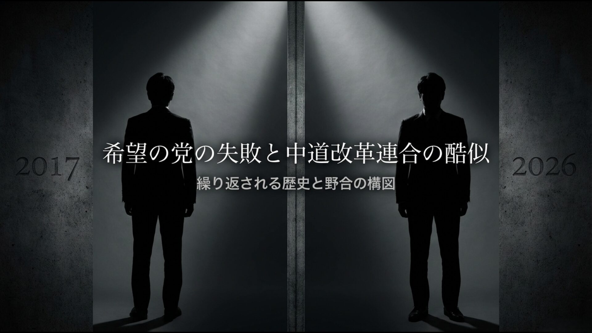 2017年の失敗と2026年の新党結成における野合の構造的な類似性を比較した図解資料。