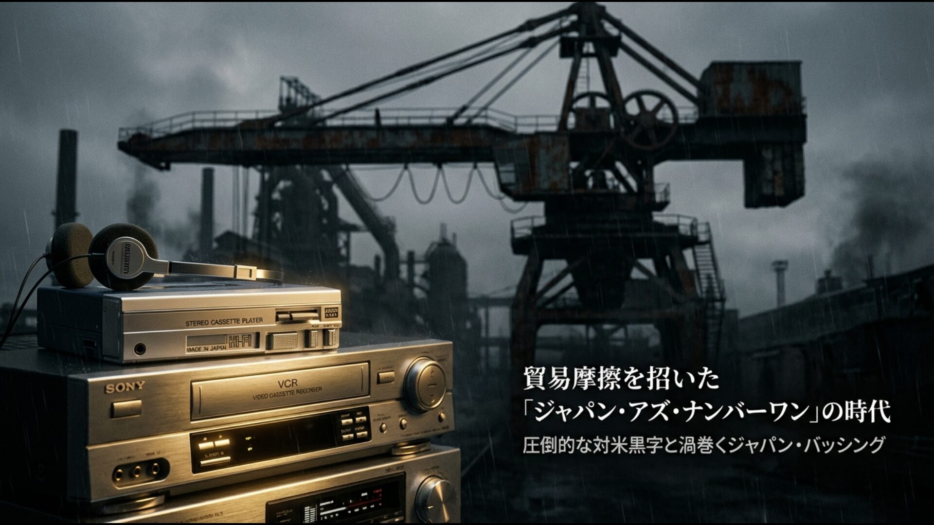 輸出を席巻したソニー製ステレオやビデオデッキなどの日本製家電と対米貿易摩擦の対立イメージ