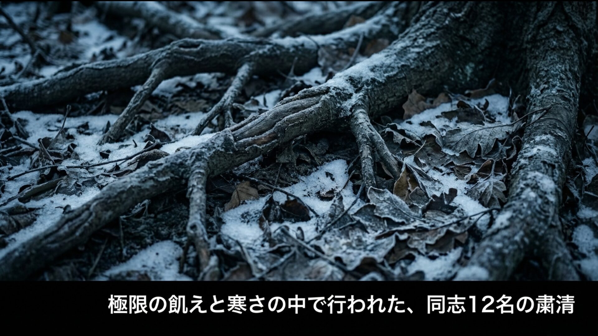 極限の飢えと寒さの中で行われた山岳ベース事件の12名の犠牲を象徴する雪と根の画像