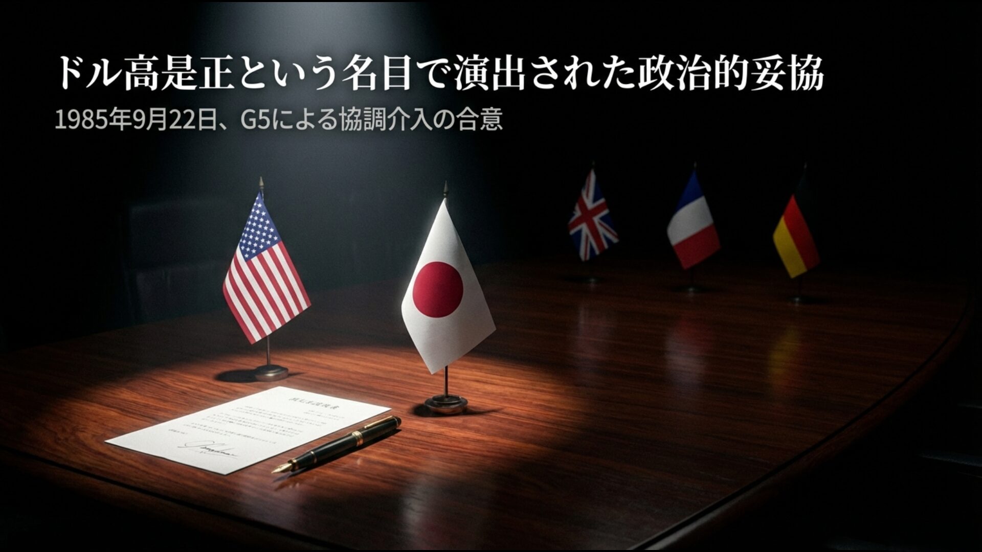 1985年9月22日にG5諸国がニューヨークのプラザホテルで合意したドル高是正の協調介入イメージ