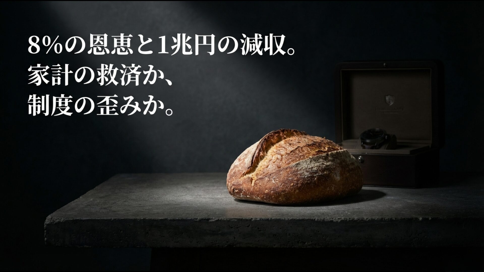 8%の軽減税率による家計の救済と、1兆円の税収減収という財政面での影響を比較した画像。