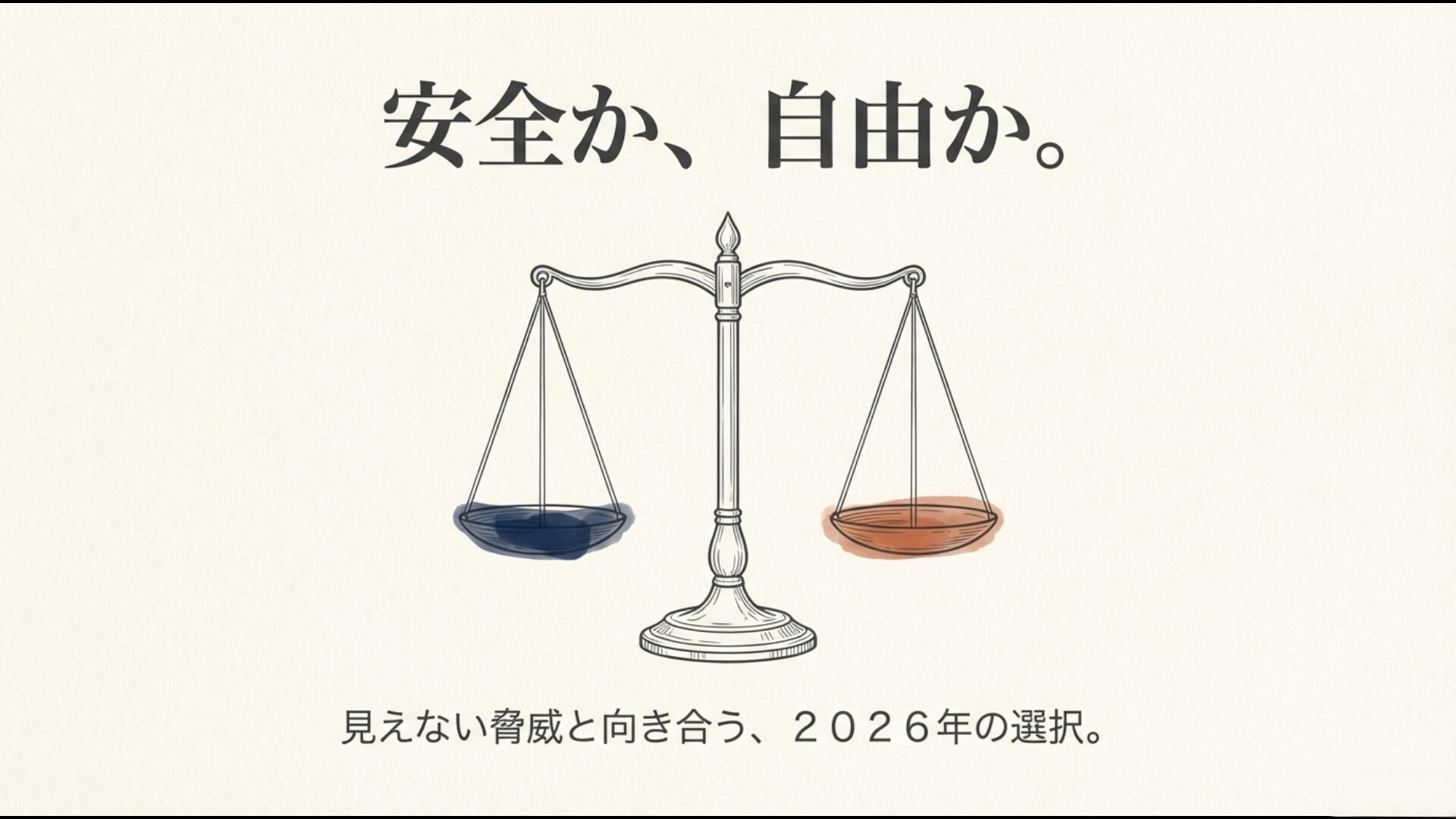 安全か自由かを選択する天秤のイラスト。スパイ防止法のメリット・デメリットを象徴するアイキャッチ画像