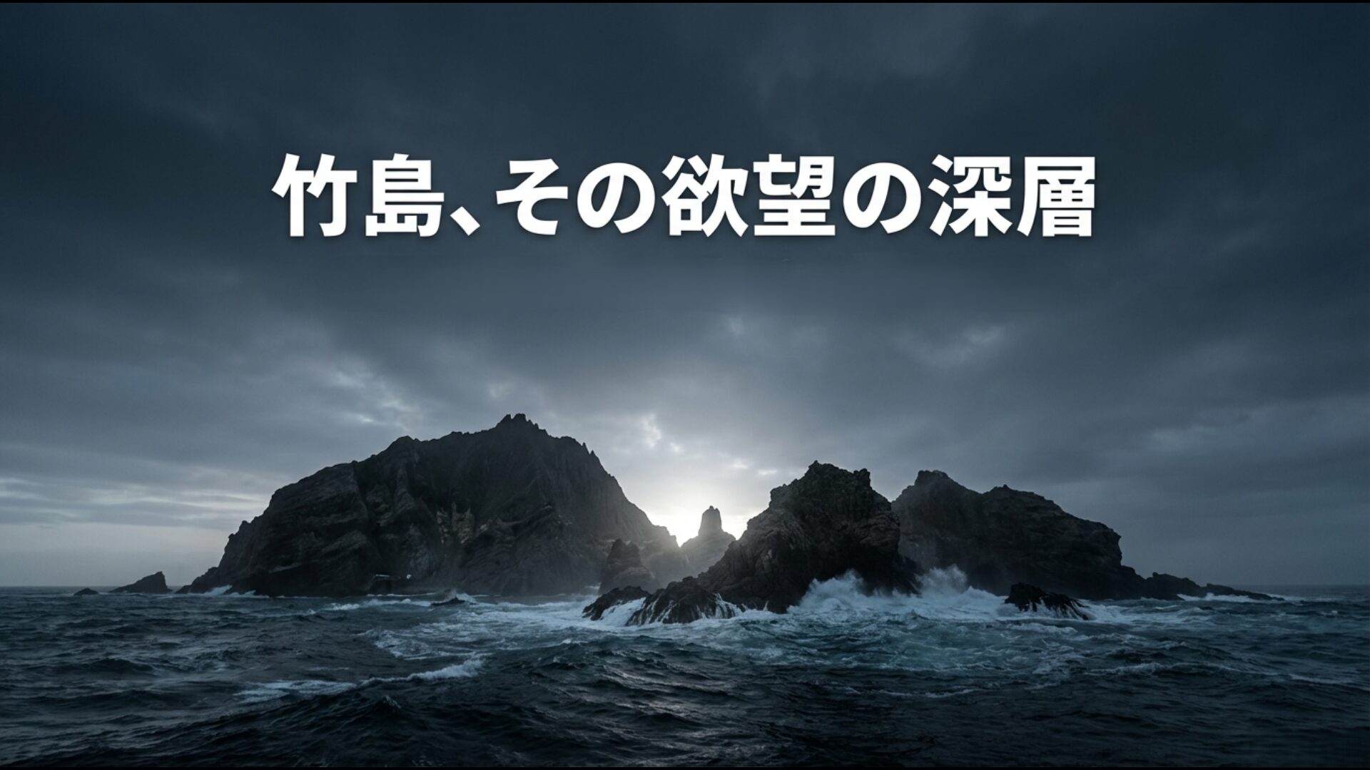 竹島（独島）の空撮写真とタイトル「竹島、その欲望の深層」