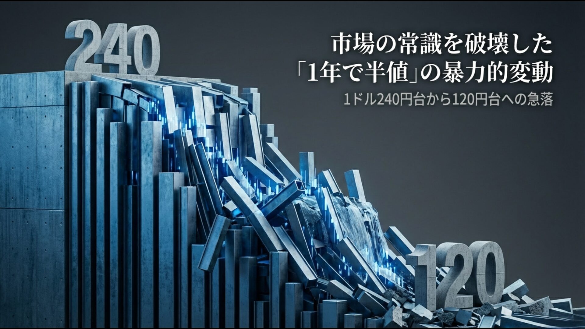 急激な円高進行により1ドル240円台から120円台へ1年で半値になった暴力的為替変動の図解