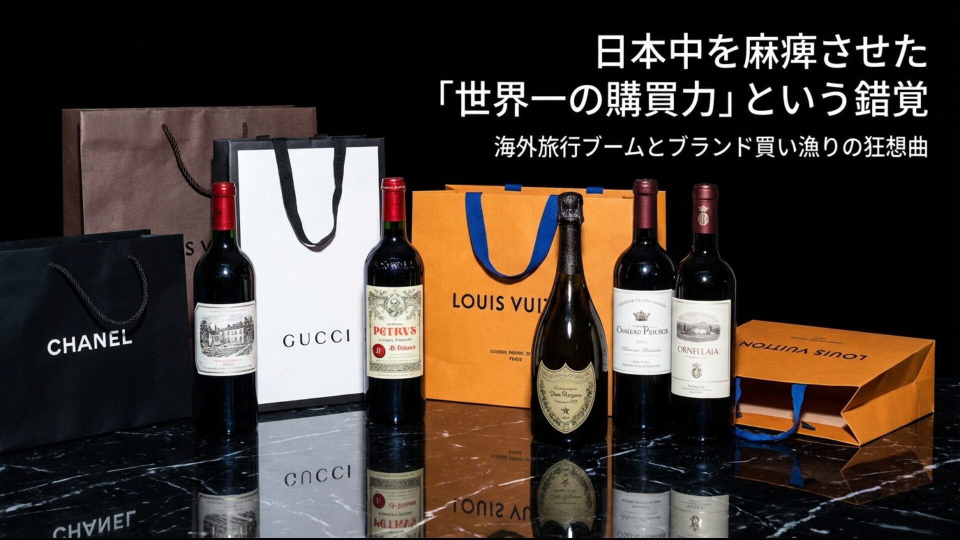 円高による海外旅行ブームとシャネルやグッチなどの高級ブランド品を買い漁る当時のイメージ