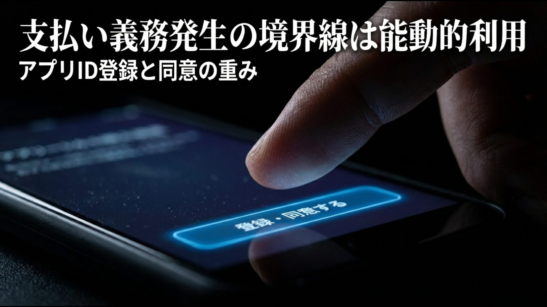 アプリID登録や規約への同意という能動的アクションが支払い義務の境界線であることを示す図