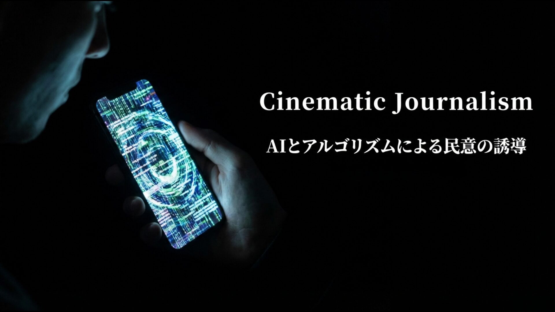 スマートフォンを通じたAIやアルゴリズムによる見えない民意の誘導と情報操作への警戒を促すビジュアル