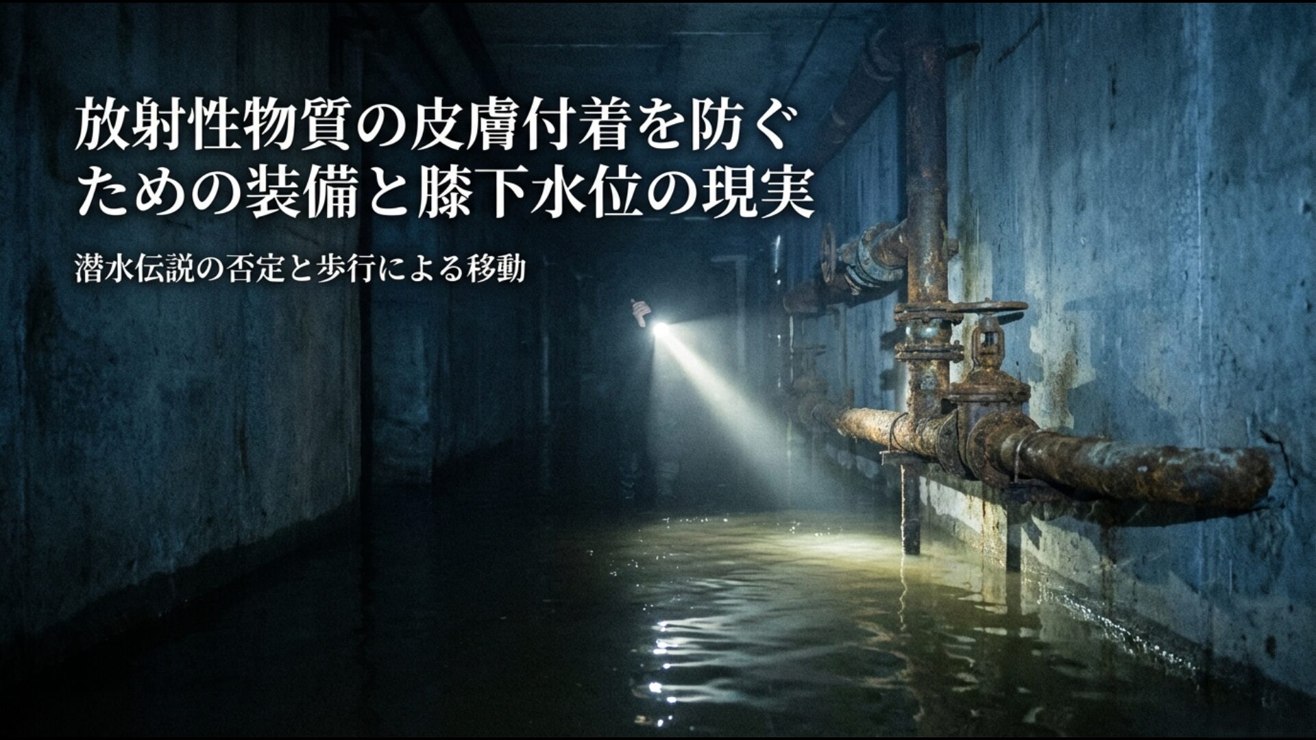 潜水伝説を否定し放射性物質の皮膚付着を防ぐウェットスーツで歩行移動する3人の英雄