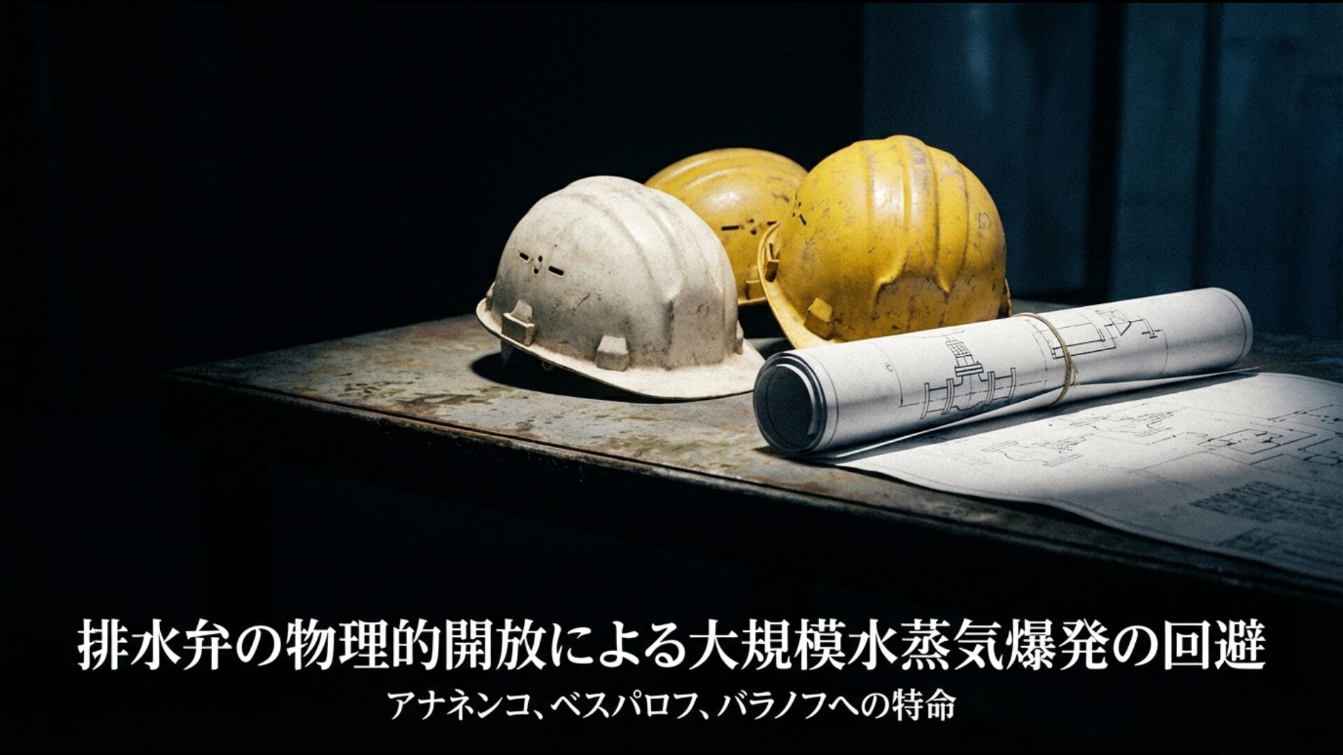 排水弁の物理的開放による爆発回避を命じられたアナネンコ、ベスパロフ、バラノフの特命