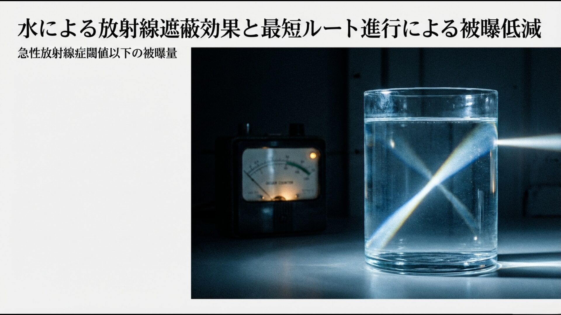 水の遮蔽効果と最短ルート進行により急性放射線症の閾値以下に抑えられた被曝量