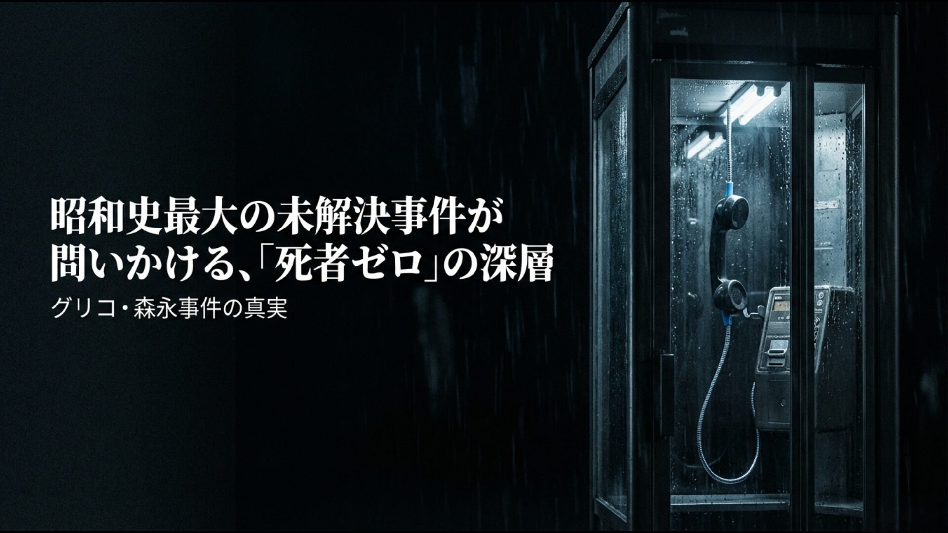 昭和史最大の未解決事件であるグリコ・森永事件のタイトルと死者ゼロの謎を象徴するアイキャッチ画像