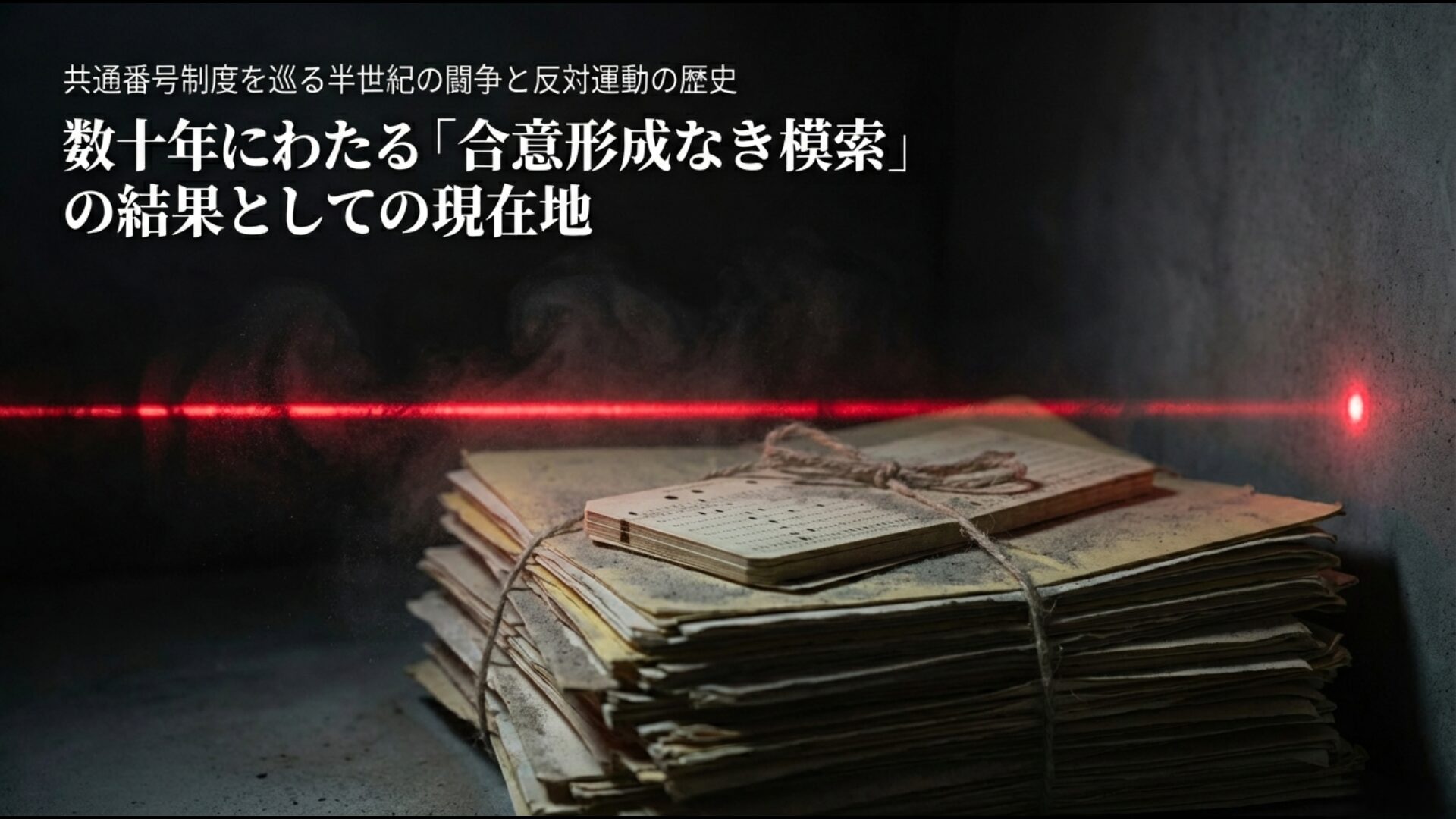 数十年にわたる共通番号制度導入の模索と反対運動の歴史的変遷を表現したスライド