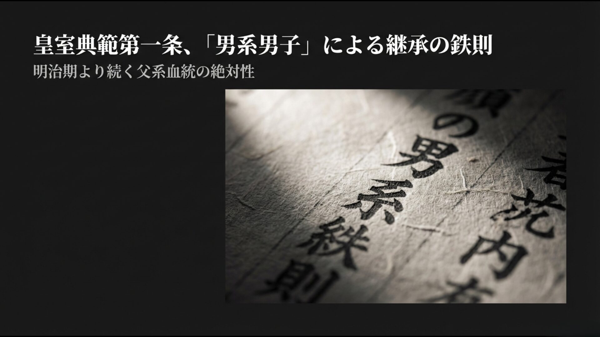 皇族典範第一条に記された男系男子による皇位継承の原則と父系血統の絶対性を示す図解