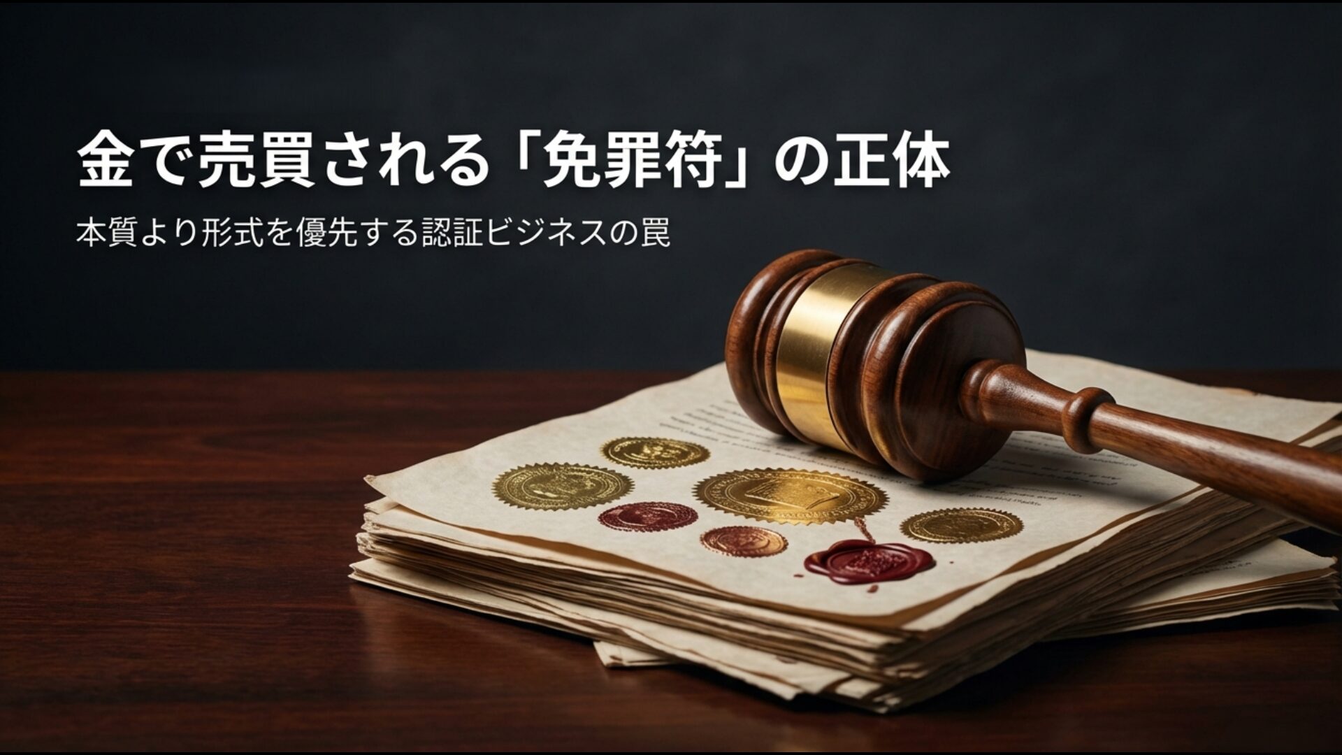 本質より形式を優先する認証ビジネスの実態と金で買われる免罪符を表現したイメージ