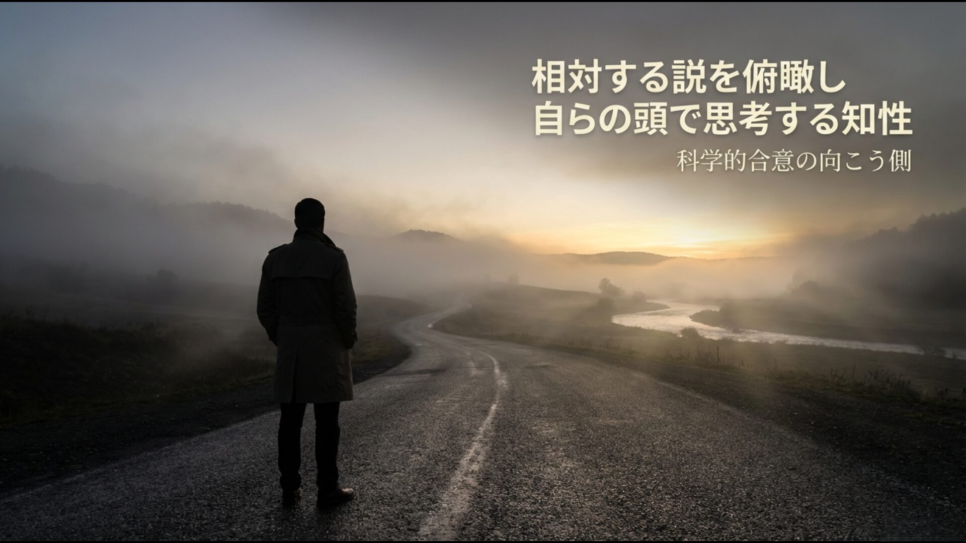 科学的合意の向こう側にある相対する説を俯瞰し自らの頭で思考する知性を象徴するコンパスの画像