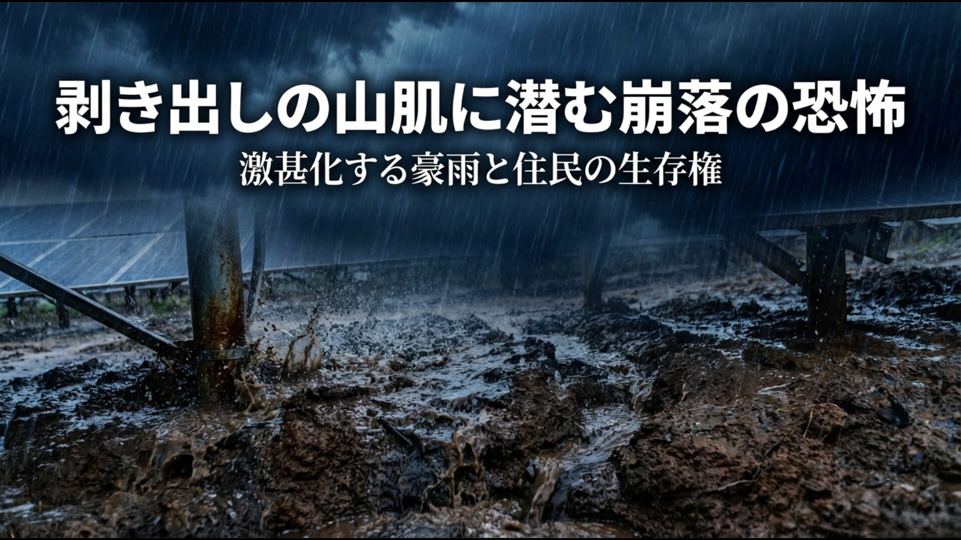 激甚化する豪雨により土砂崩れリスクが高まったメガソーラー建設地の剥き出しの山肌