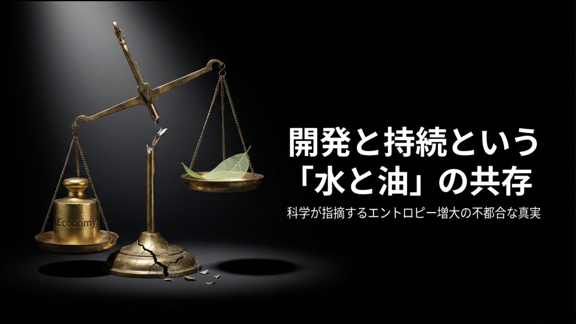 経済成長と環境保護が水と油のように共存困難であることを示す科学的矛盾のイメージ