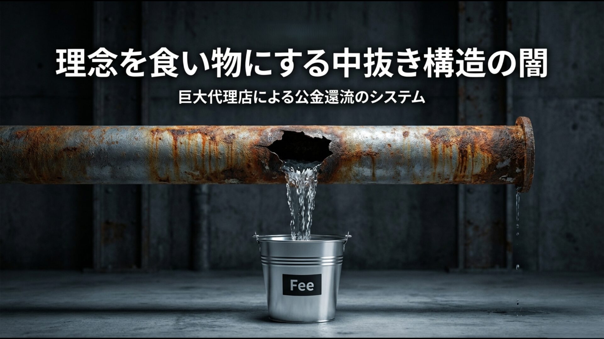 巨大代理店を通じて公金が還流するシステムと中抜き構造の闇を表現したイメージ