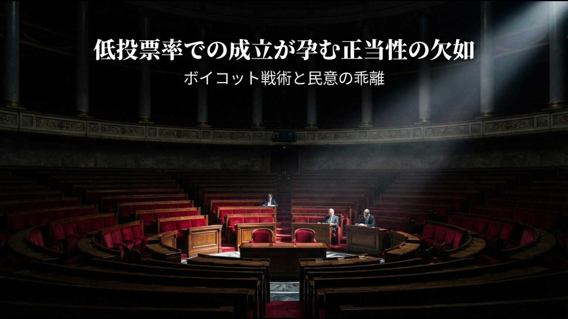 最低投票率(クォーラム)がない場合の低投票率による成立と民意の乖離やボイコット戦術のリスクを示すイメージ