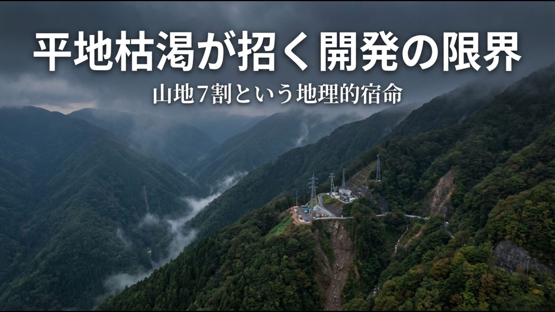 日本の山地7割という地理的制約と再エネ開発の限界を説明する図解
